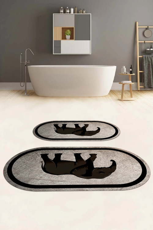 Dijital Baskılı Yıkanabilir Kaymaz Taban Fil Figürlü Oval Banyo Paspası Klozet Takımı
