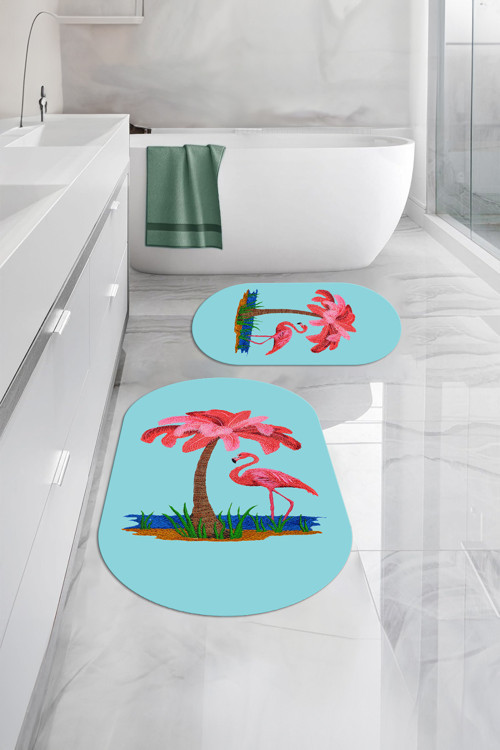 Dijital Yıkanabilir Sade Flamingo Desenli Oval Banyo Paspası Klozet Takımı