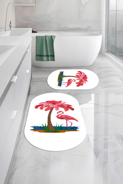 Dijital Yıkanabilir Sade Flamingo Desenli Oval Banyo Paspası Klozet Takımı
