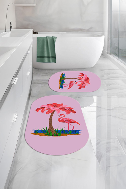 Dijital Yıkanabilir Sade Flamingo Desenli Oval Banyo Paspası Klozet Takımı