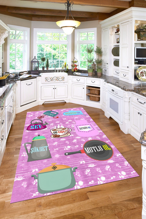 Baskılı Mutfak Eşya Desenli Yıkanabilir Kaymaz Taban Yolluk Salon Mutfak Halısı