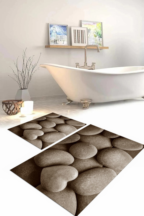 Dijital Baskılı Yıkanabilir Kaymaz Taban Taş Modelli Banyo Paspası Klozet Takımı