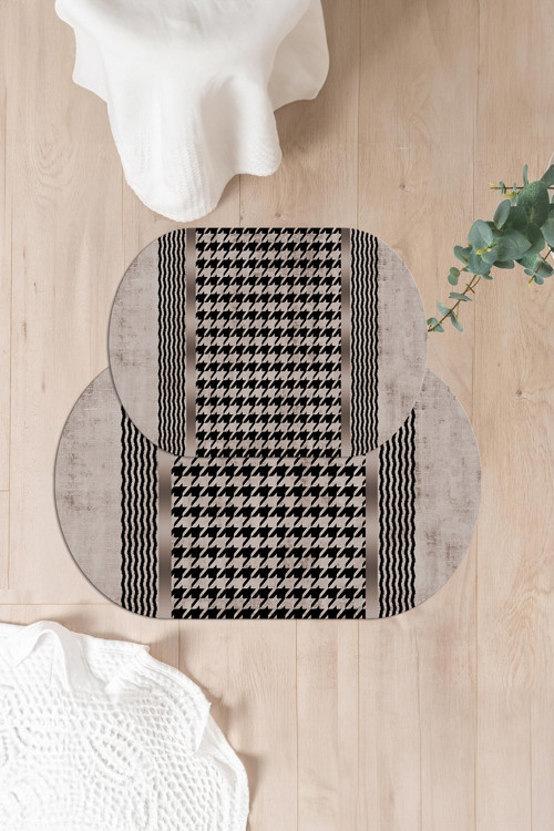 Dijital Yıkanabilir Kaymaz Taban Sade Modern Oval Banyo Paspası Klozet Takımı