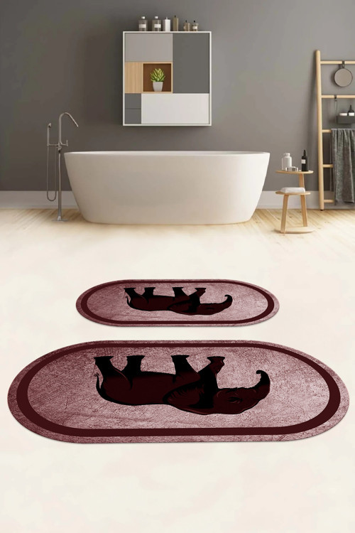 Dijital Baskılı Yıkanabilir Kaymaz Taban Fil Figürlü Oval Banyo Paspası Klozet Takımı