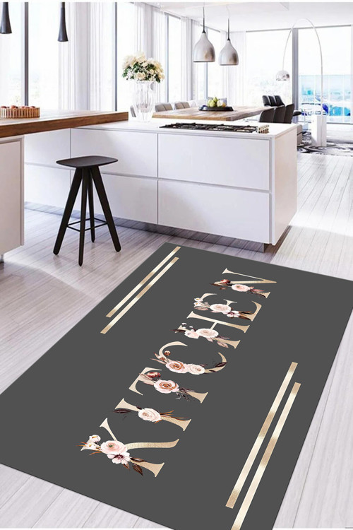 Baskılı Çiçek Motifli Kitchen Yazılı Yıkanabilir Kaymaz Taban Yolluk Salon Mutfak Halısı