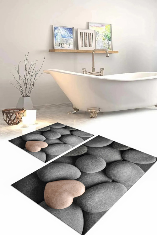 Dijital Baskılı Yıkanabilir Kaymaz Taban Taş Modelli Banyo Paspası Klozet Takımı