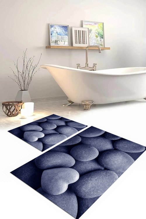 Dijital Baskılı Yıkanabilir Kaymaz Taban Taş Modelli Banyo Paspası Klozet Takımı