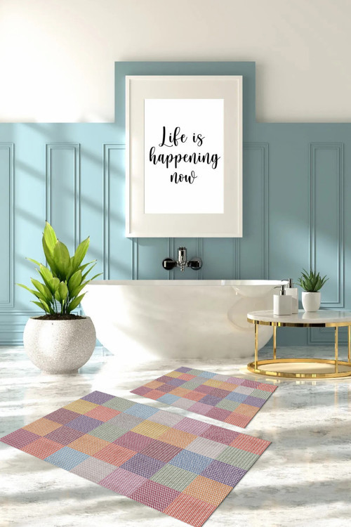 Dijital Baskılı Yıkanabilir Kaymaz Taban Kilim Görünümlü Banyo Paspası Klozet Takımı