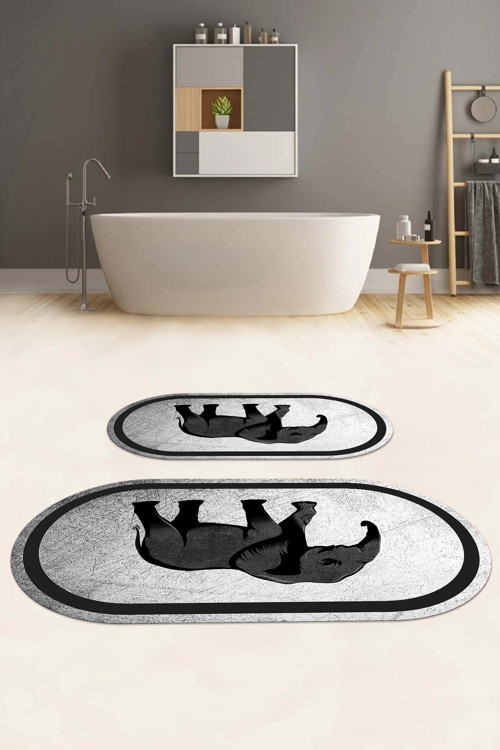 Dijital Baskılı Yıkanabilir Kaymaz Taban Fil Figürlü Oval Banyo Paspası Klozet Takımı