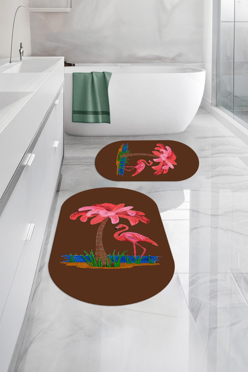 Dijital Yıkanabilir Sade Flamingo Desenli Oval Banyo Paspası Klozet Takımı