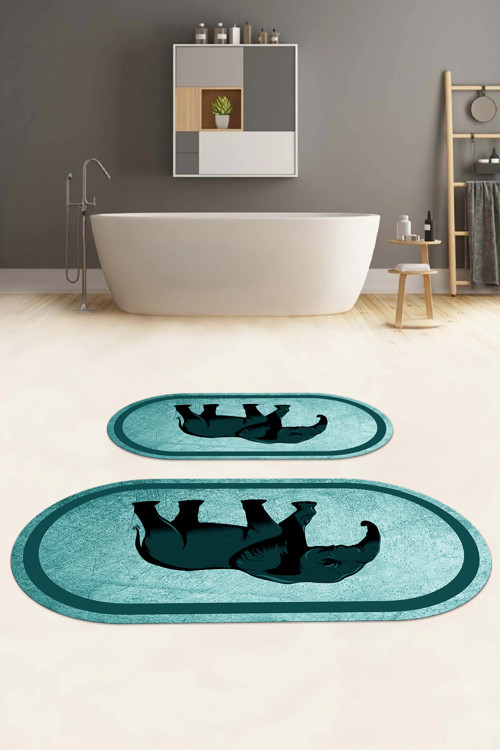 Dijital Baskılı Yıkanabilir Kaymaz Taban Fil Figürlü Oval Banyo Paspası Klozet Takımı