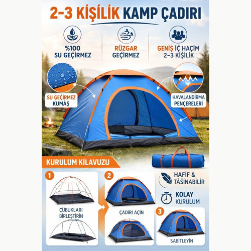 Büro Ev Ofis Kamp Keyfi için 220x250x150CM 3KİŞİLİK Manuel Kurulum Doğa Çadırı