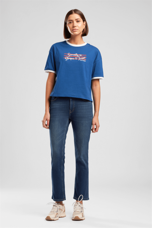 New Kadın Rahat Kesim Baskılı Bisiklet Yaka T-Shirt Mavi