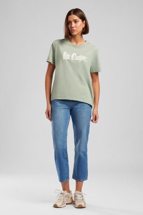 Londonlogo Kadın Rahat Kesim %100 Pamuk Baskılı Bisiklet Yaka T-Shirt Yeşil
