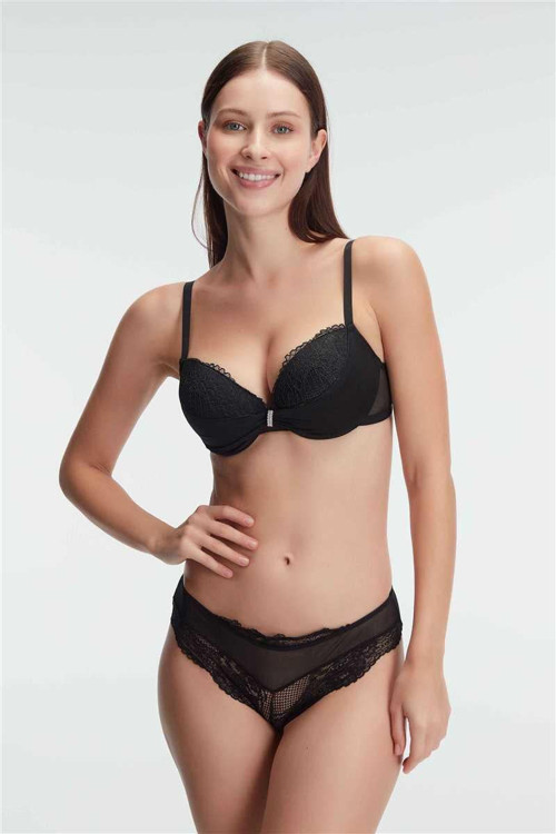 Balenli Destekli Dolgulu Taşlı Dantelli Sütyen ve Slip Takım