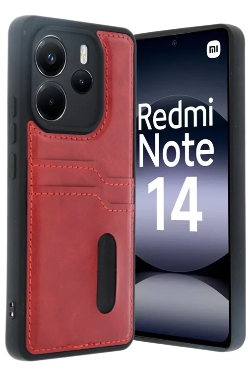 Xiaomi Redmi Note 14 4G Kılıf Sara Kartvizitli Deri Kılıf - Kırmızı
