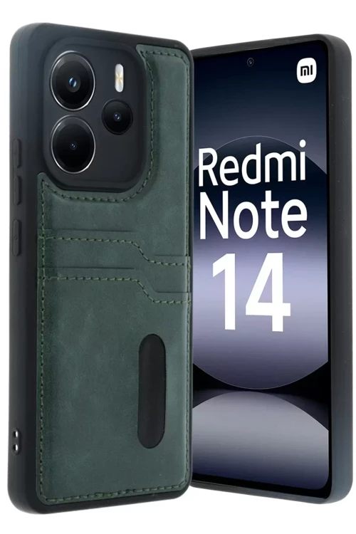 Xiaomi Redmi Note 14 4G Kılıf Sara Kartvizitli Deri Kılıf - Koyu Yeşil