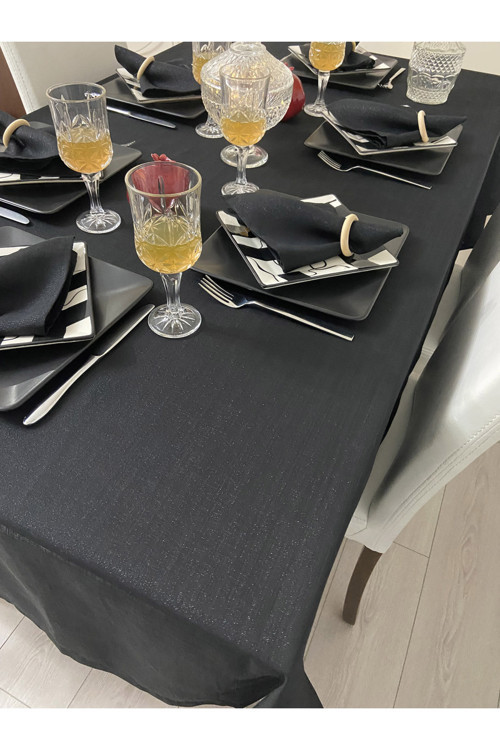 Elite Masa Örtüsü + Runner Takım | Lekeye Dayanıklı Simli Siyah