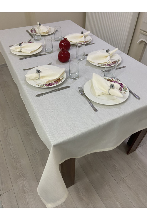 Elite Masa Örtüsü + Runner Takım | Lekeye Dayanıklı Simli Krem