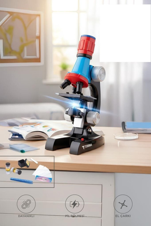 Büro Ev Ofis Çocuk Hediyesi için Siyah Led Işıklı Eğitici Bilim Mikroskobu Seti