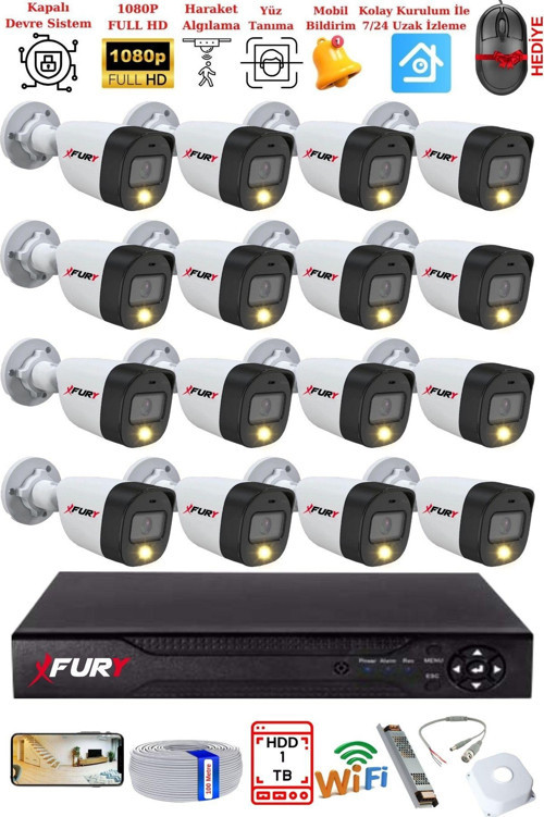 16 Kameralı 5Mp Lens 2 Mp Görüntü Gece Renkli Full Hd Ultra Led Akıllı Güvenlik Kamerası Seti 1 TB