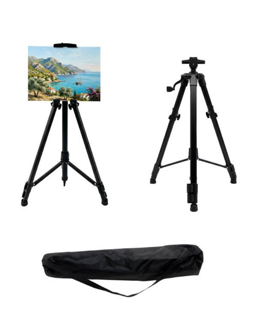 Katlanabilir Metal Tripod Şövale - Kollu Yükseklik Ayarlı, Taşıma Çantalı, Siyah