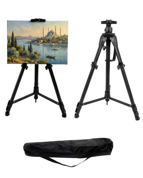 Katlanabilir Metal Tripod Şövale - Kollu Yükseklik Ayarlı, Su Terazili, Pusulalı, Siyah