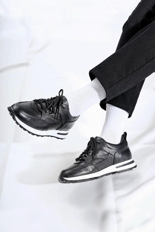 - Siyah Hakiki Deri Bağcıklı Erkek Sneaker 115-K511