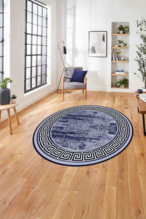 Çerçeveli Klasik Modern Baskılı Yıkanabilir Kaymaz Taban Yuvarlak Salon Halısı