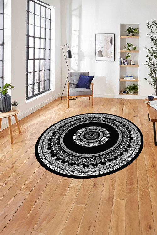 Çerçeveli Göbek Desenli Yıkanabilir Kaymaz Taban Yuvarlak Salon Halısı