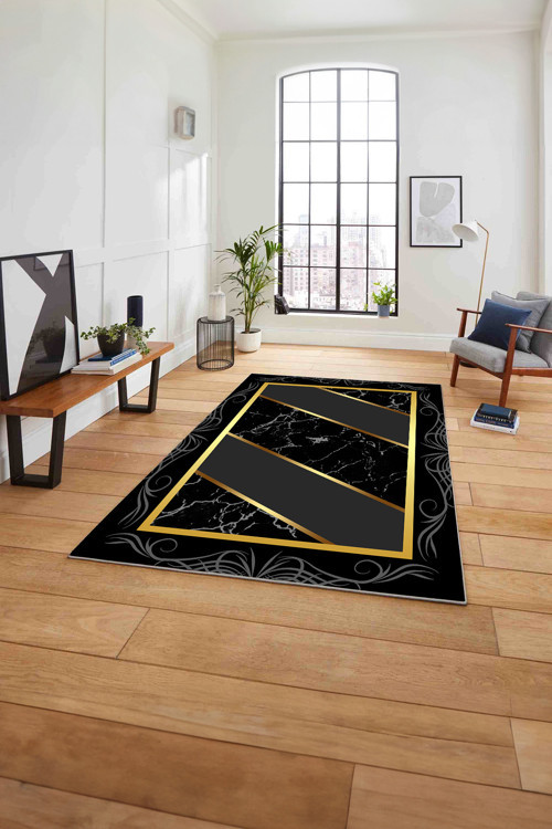 Baskılı Mermer Çerçeveli Modern Kaymaz Taban Yıkanabilir Yolluk Mutfak Salon Halısı