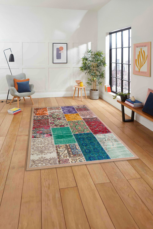 Baskılı Patchwork Otantik Model Yıkanabilir Kaymaz Taban Yolluk Mutfak Salon Halısı