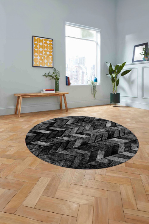 Baskılı Patchwork Çizgili Yıkanabilir Kaymaz Taban Yuvarlak Mutfak Salon Halısı