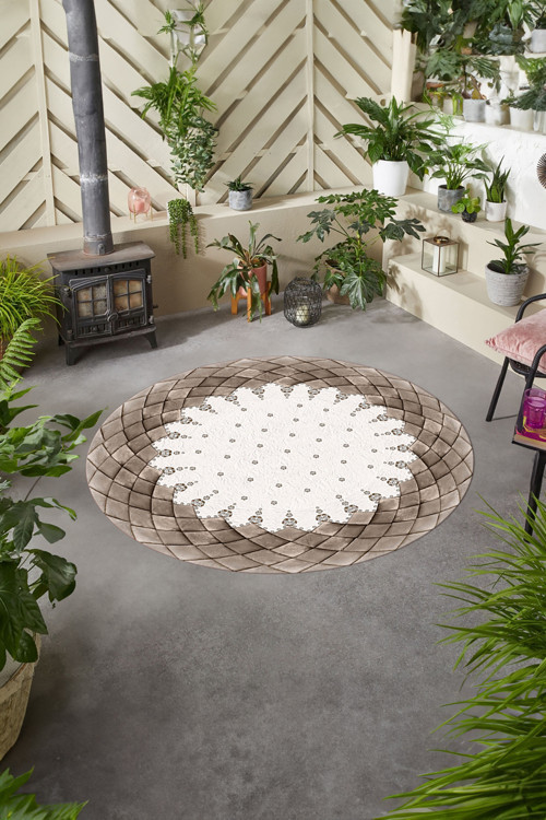 Baskılı Modern Geometrik Desenli Yıkanabilir Kaymaz Taban Yuvarlak Salon Halısı