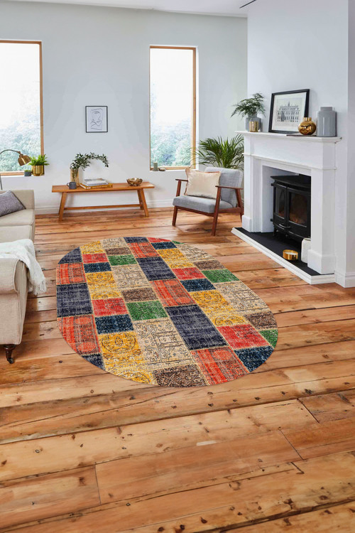 Baskılı Patchwork Sade Modern Yıkanabilir Kaymaz Oval Yolluk Mutfak Salon Halısı