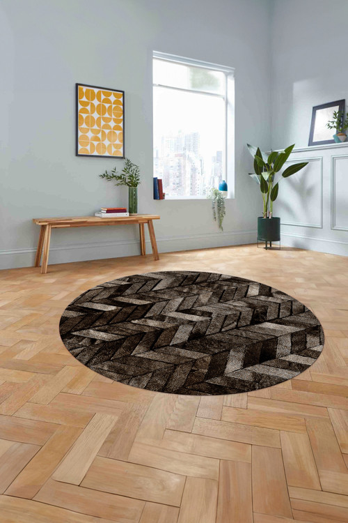 Baskılı Patchwork Çizgili Yıkanabilir Kaymaz Taban Yuvarlak Mutfak Salon Halısı
