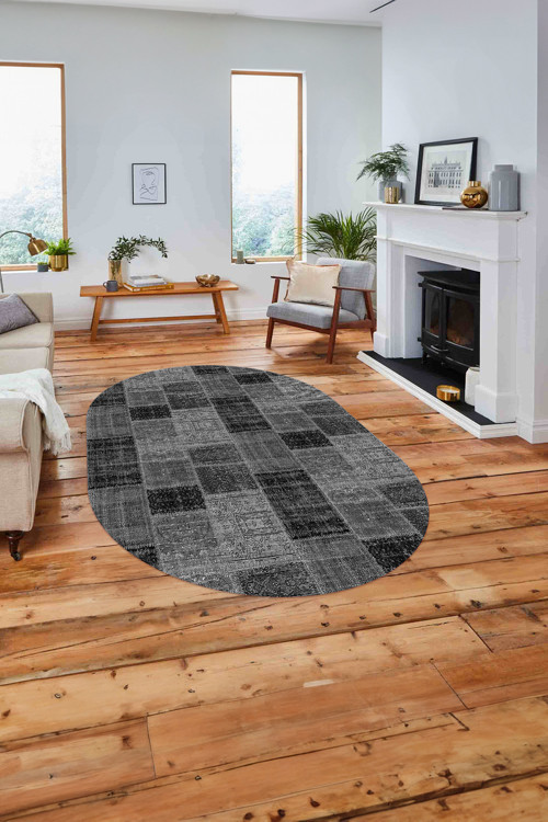 Baskılı Patchwork Sade Modern Yıkanabilir Kaymaz Oval Yolluk Mutfak Salon Halısı