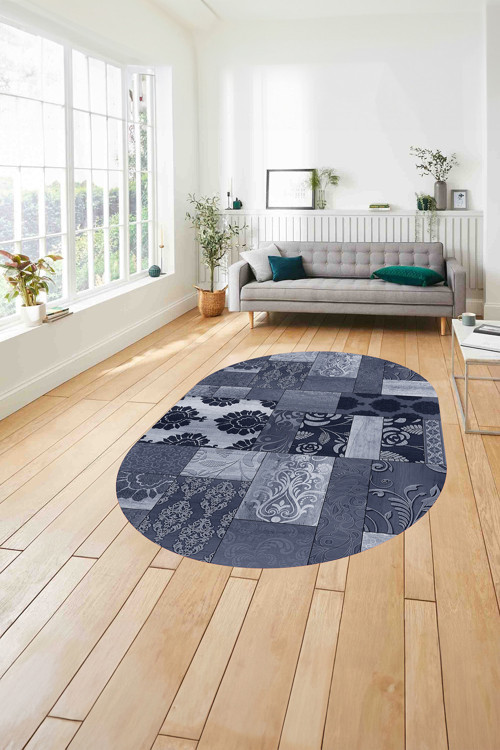 Baskılı Patchwork Çiçek Motif Yıkanabilir Kaymaz Oval Yolluk Mutfak Salon Halısı