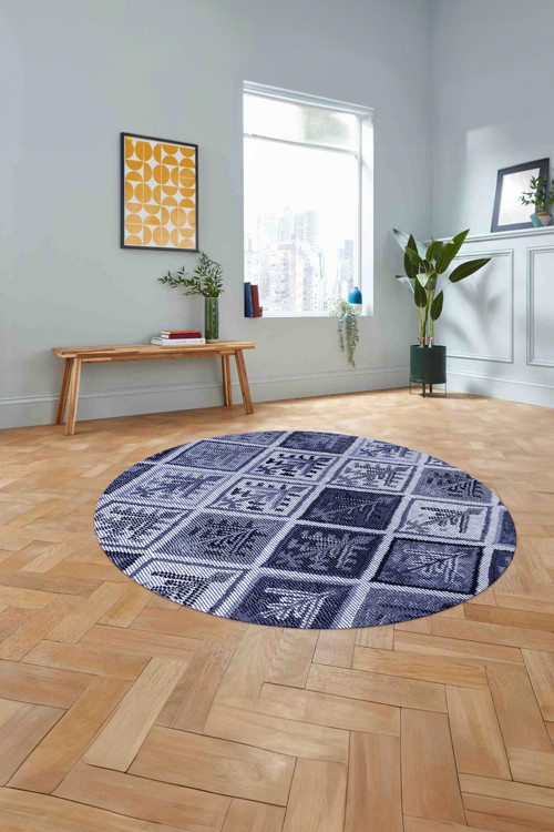 Baskılı Patchwork Etnik Yıkanabilir Kaymaz Taban Yuvarlak Mutfak Salon Halısı