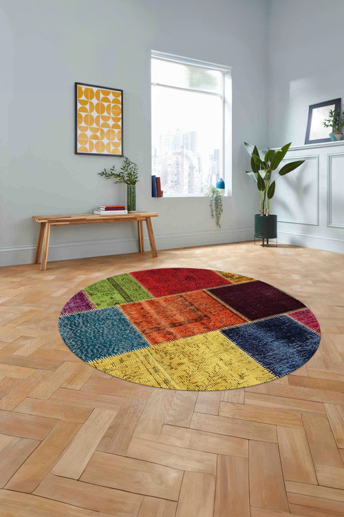 Baskılı Patchwork Etnik Görünüm Yıkanabilir Kaymaz Taban Yuvarlak Salon Halısı