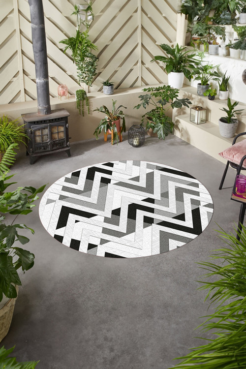 Baskılı Modern Sade Zigzag Desen Yıkanabilir Kaymaz Taban Yuvarlak Mutfak Salon Halısı
