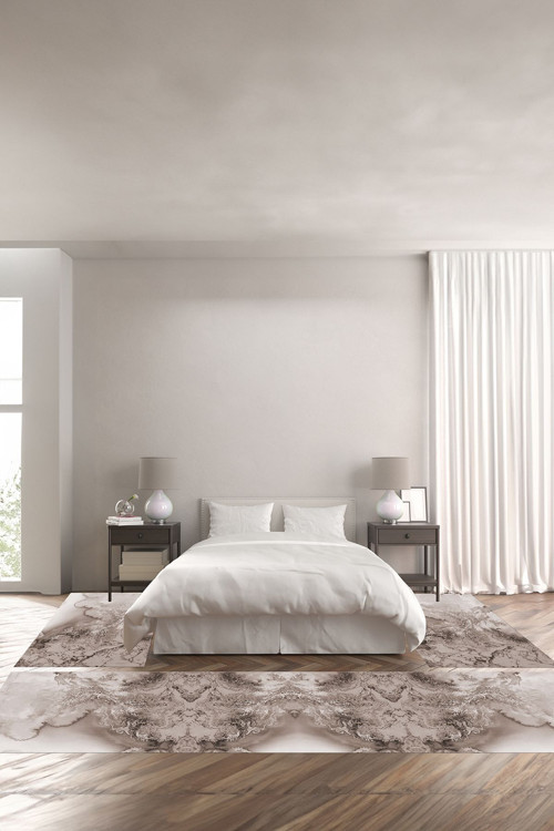 Dijital Baskılı Kaymaz Taban Yıkanabilir Mermer Motifli Üçlü Yatak Odası Takımı
