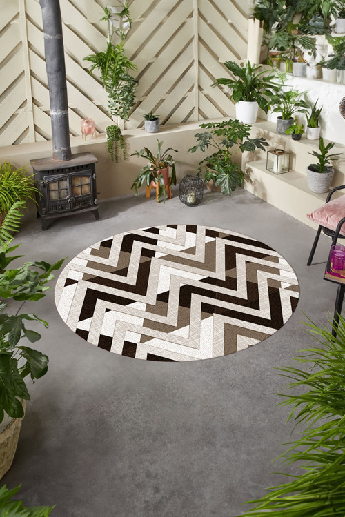 Baskılı Modern Sade Zigzag Desen Yıkanabilir Kaymaz Taban Yuvarlak Mutfak Salon Halısı