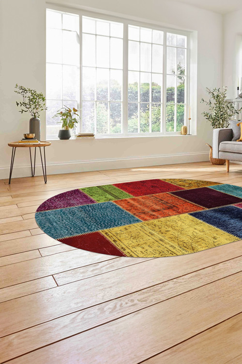 Baskılı Patchwork Etnik Görünüm Yıkanabilir Kaymaz Oval Yolluk Mutfak Salon Halısı