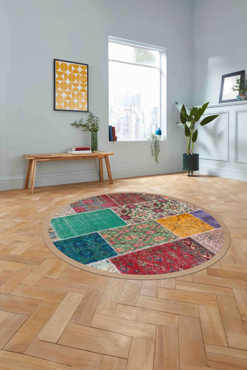 Baskılı Patchwork Otantik Yıkanabilir Kaymaz Taban Yuvarlak Mutfak Salon Halısı
