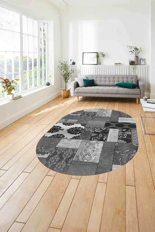 Baskılı Patchwork Çiçek Motifli Yıkanabilir Kaymaz Oval Yolluk Mutfak Salon Halısı