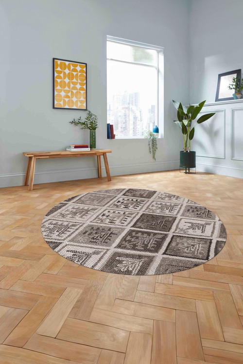 Baskılı Patchwork Etnik Yıkanabilir Kaymaz Taban Yuvarlak Mutfak Salon Halısı