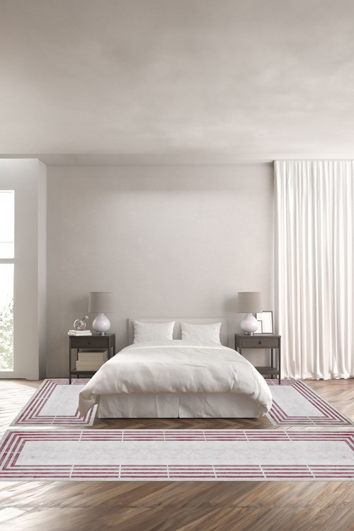 Baskılı Kaymaz Taban Yıkanabilir Çerçeveli Dikdörgen Çizgi Detay Üçlü Yatak Odası