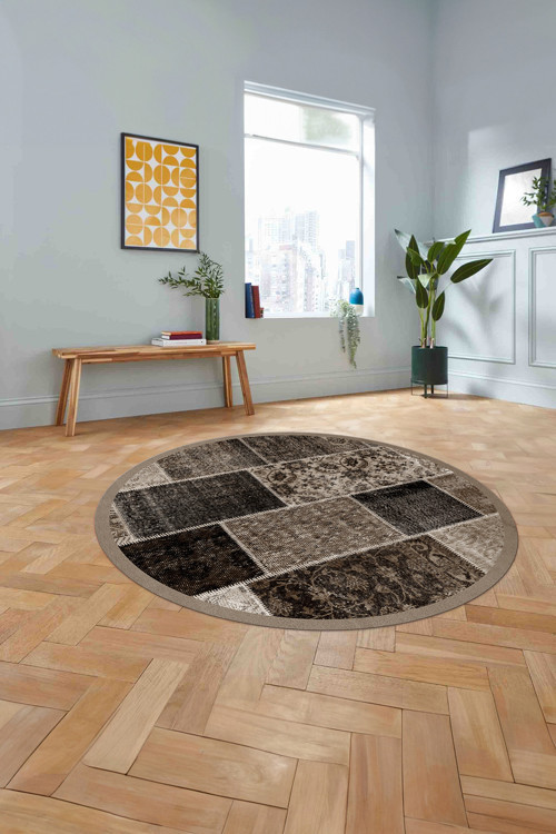 Baskılı Patchwork Otantik Yıkanabilir Kaymaz Taban Yuvarlak Mutfak Salon Halısı