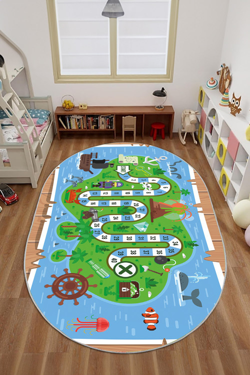 Dijital Baskılı Korsan Yol Desenli Yıkanabilir Kaymaz Taban Oval Çocuk Odası Halısı